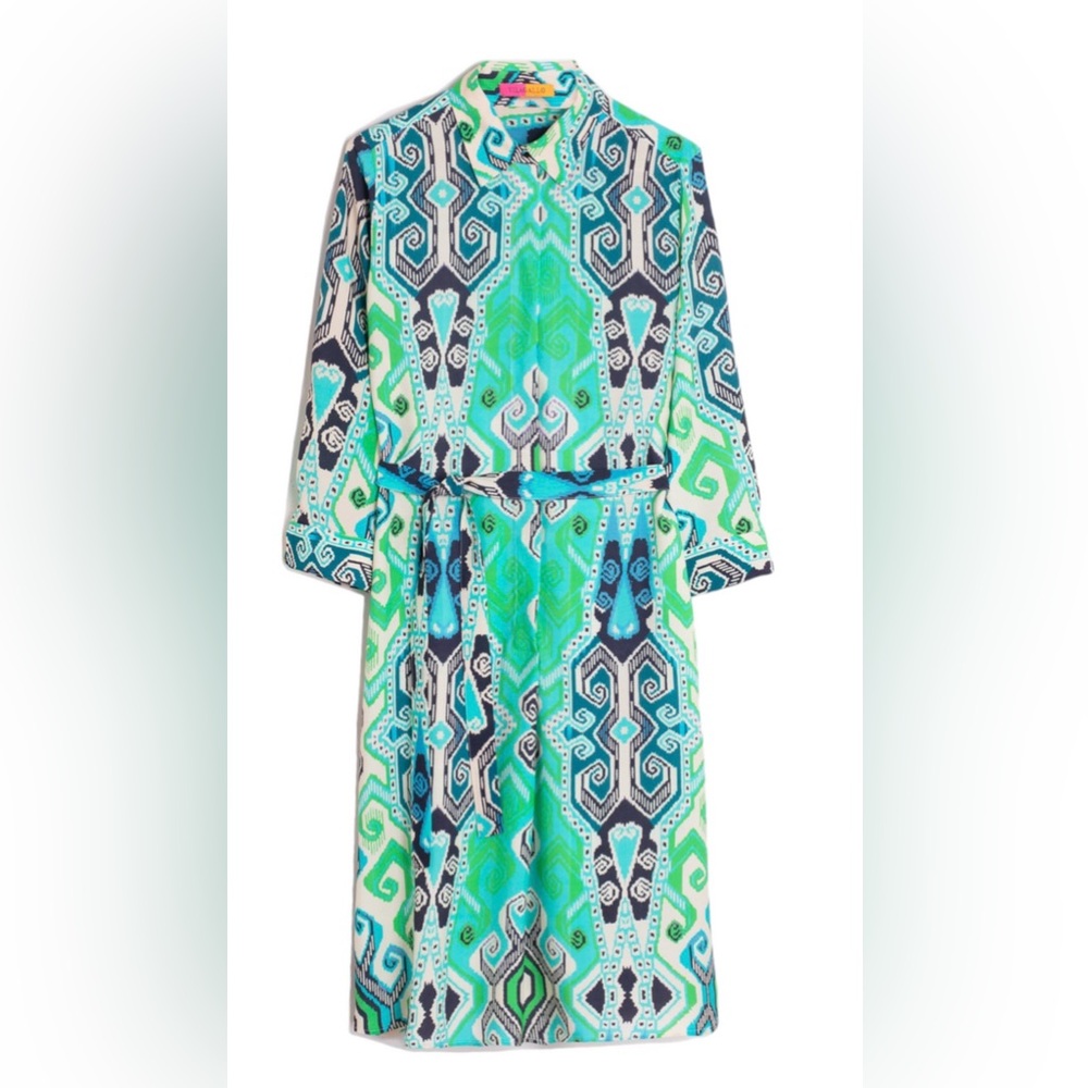 New VILAGALLO Adriana Navajo Shirt Midi Dress Turquoise Blue Green Tribal Geo
